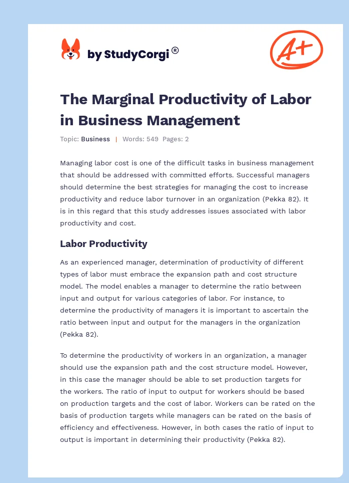 The Marginal Productivity of Labor in Business Management. Page 1