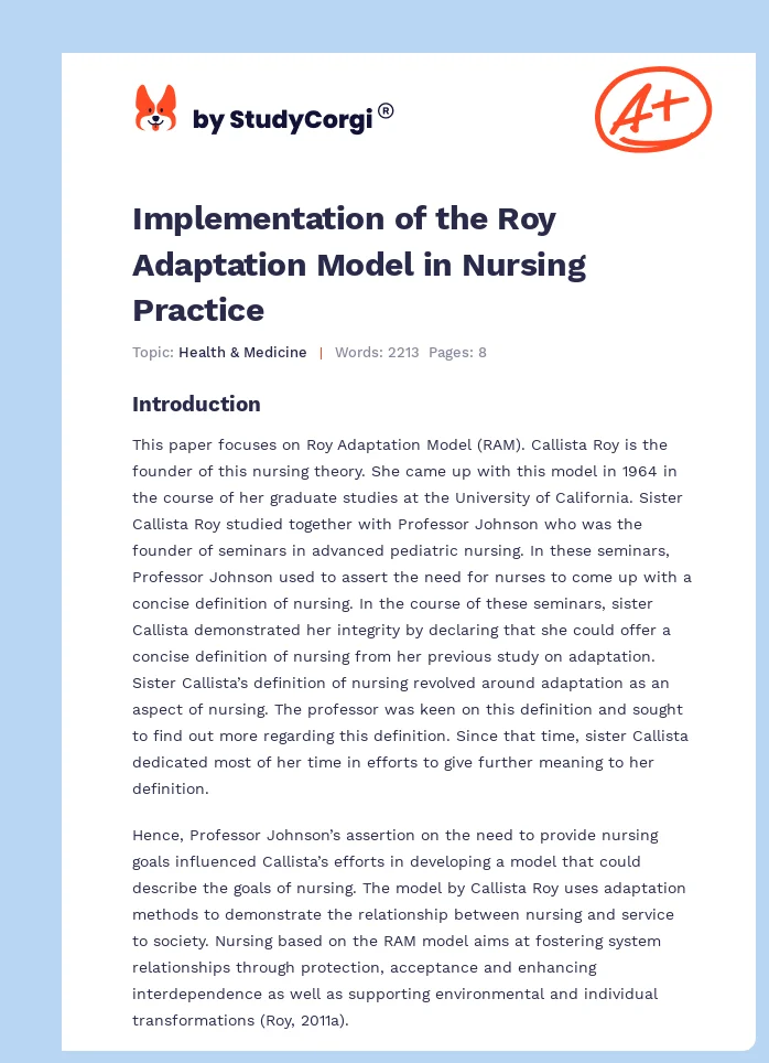 Implementation of the Roy Adaptation Model in Nursing Practice. Page 1