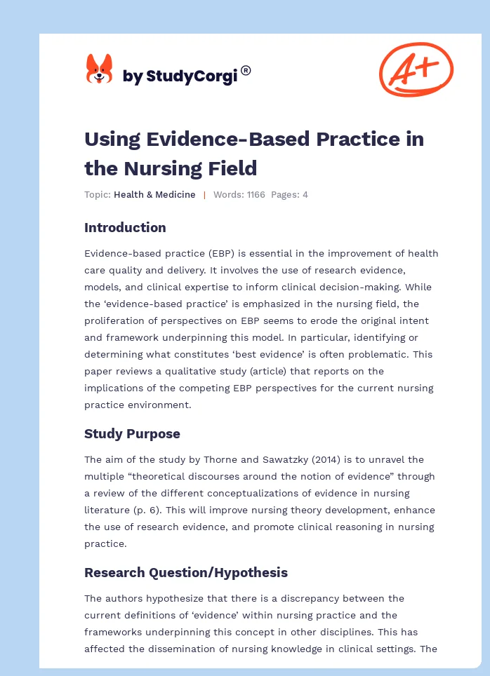 Using Evidence-Based Practice in the Nursing Field. Page 1