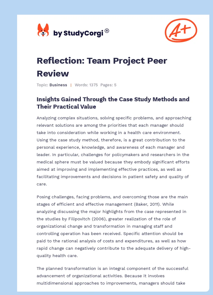 Reflection: Team Project Peer Review. Page 1