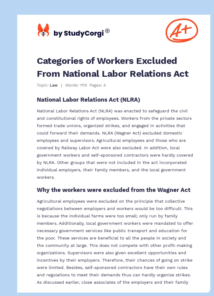 Categories of Workers Excluded From National Labor Relations Act. Page 1