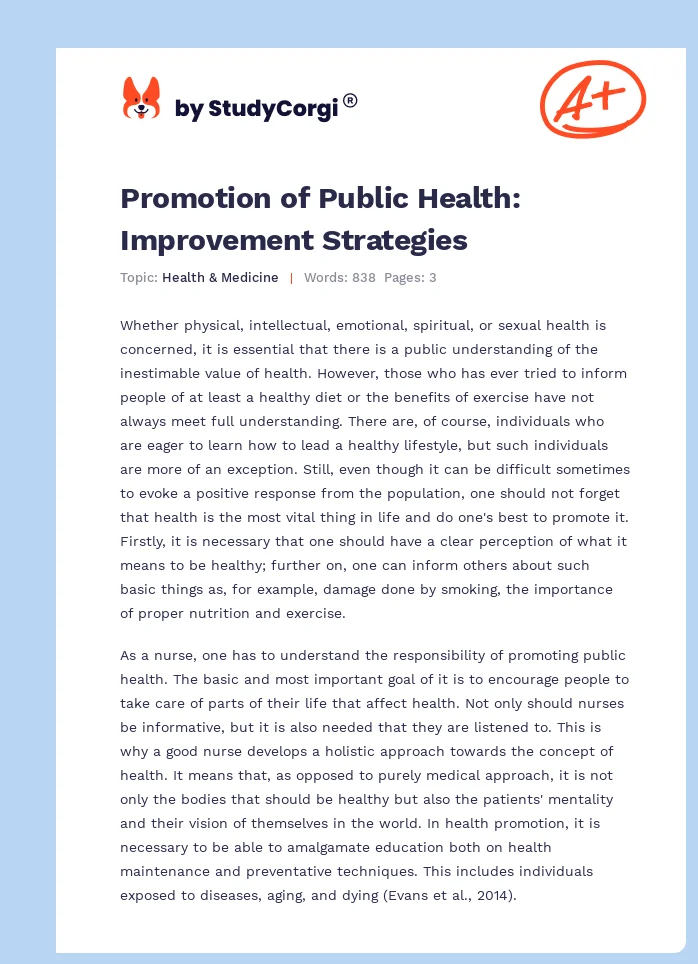 Promotion of Public Health: Improvement Strategies. Page 1