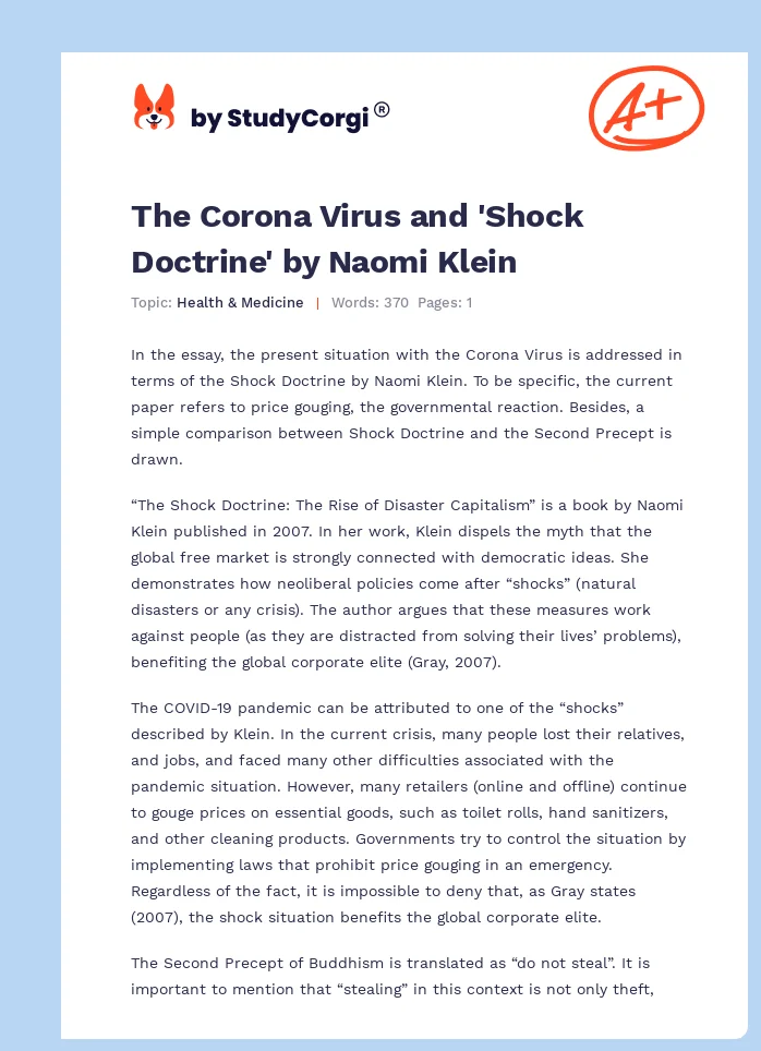 The Corona Virus and 'Shock Doctrine' by Naomi Klein. Page 1