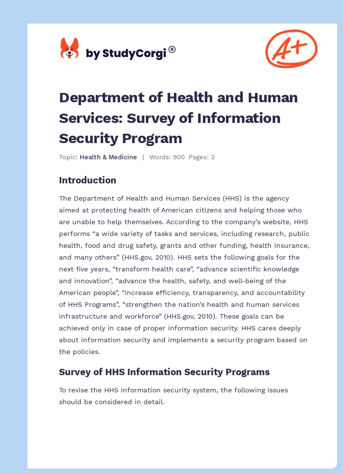 Department of Health and Human Services: Survey of Information Security Program. Page 1