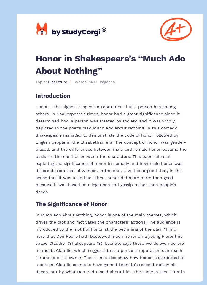 Honor in Shakespeare’s “Much Ado About Nothing”. Page 1