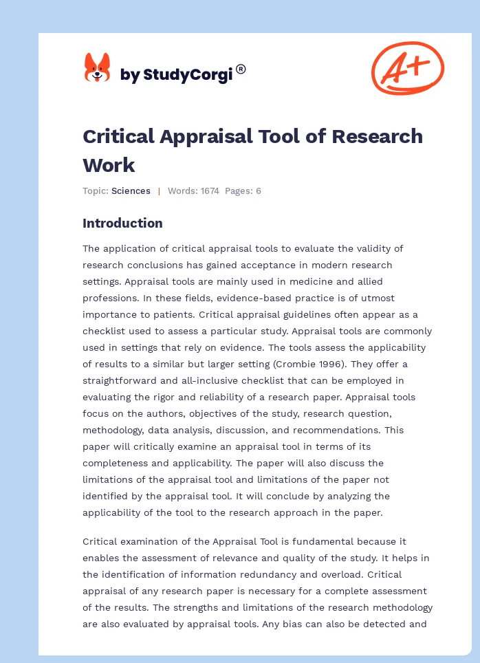 Critical Appraisal Tool of Research Work. Page 1