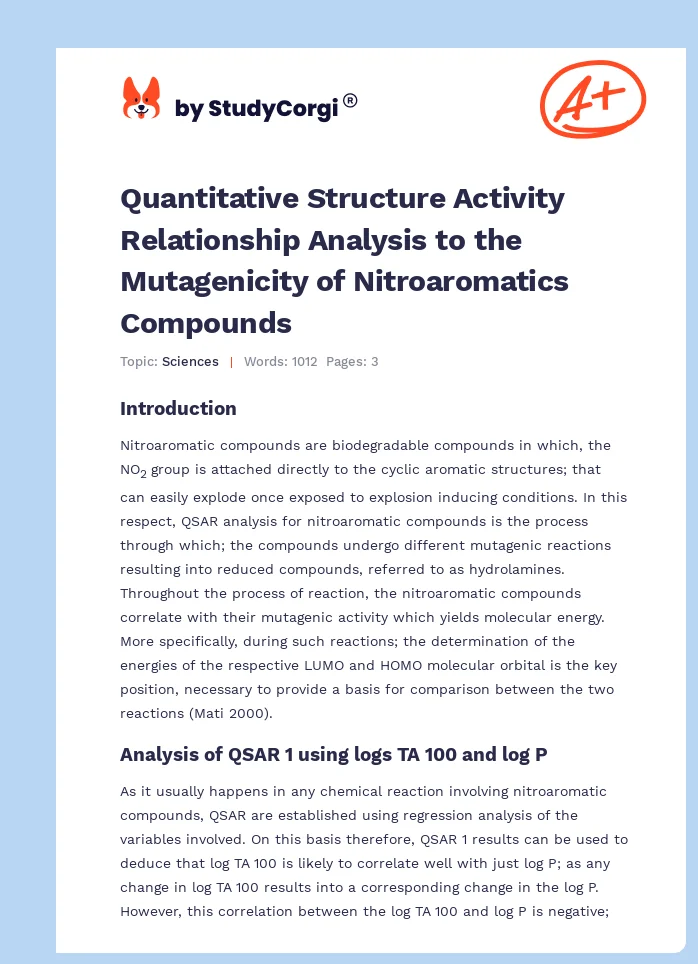 Quantitative Structure Activity Relationship Analysis to the Mutagenicity of Nitroaromatics Compounds. Page 1