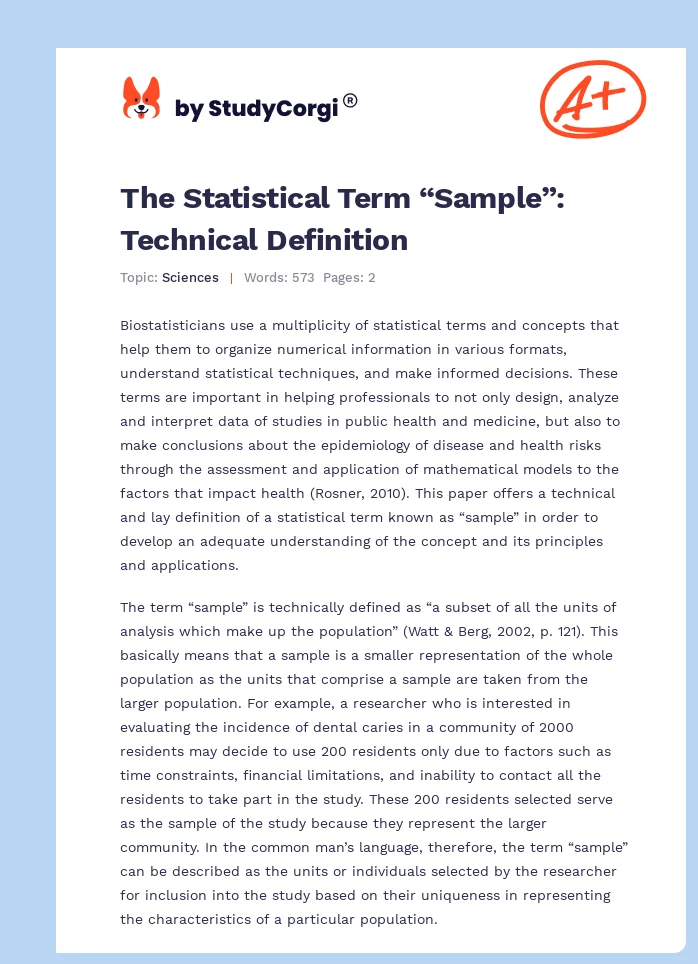The Statistical Term “Sample”: Technical Definition. Page 1