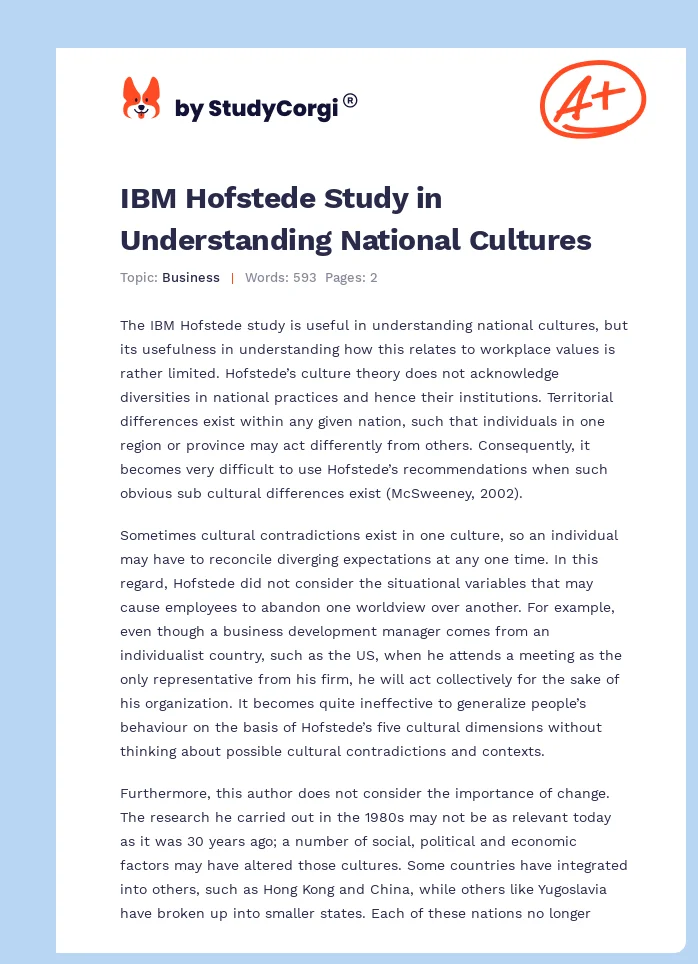 IBM Hofstede Study in Understanding National Cultures. Page 1