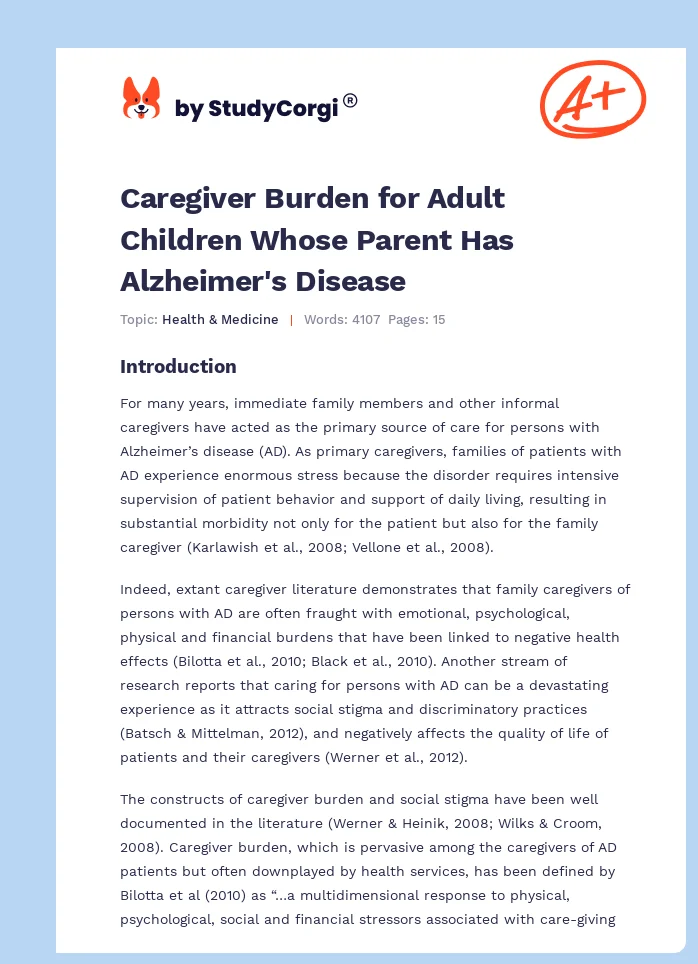 Caregiver Burden for Adult Children Whose Parent Has Alzheimer's Disease. Page 1
