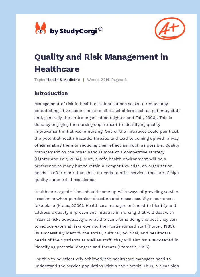 Quality and Risk Management in Healthcare. Page 1
