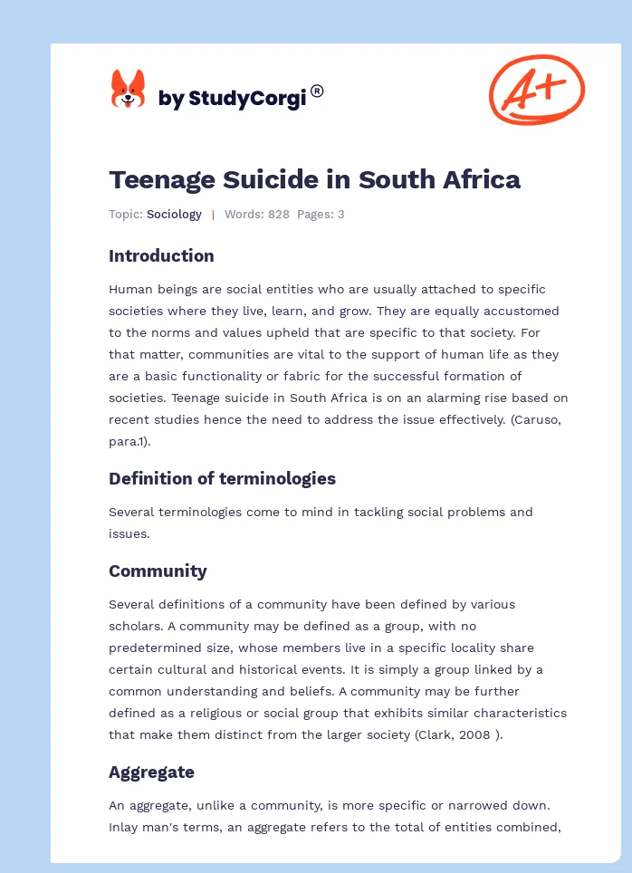 Teenage Suicide in South Africa. Page 1