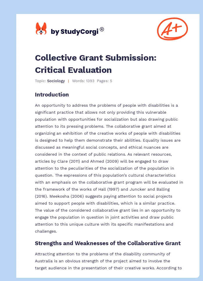 Collective Grant Submission: Critical Evaluation. Page 1