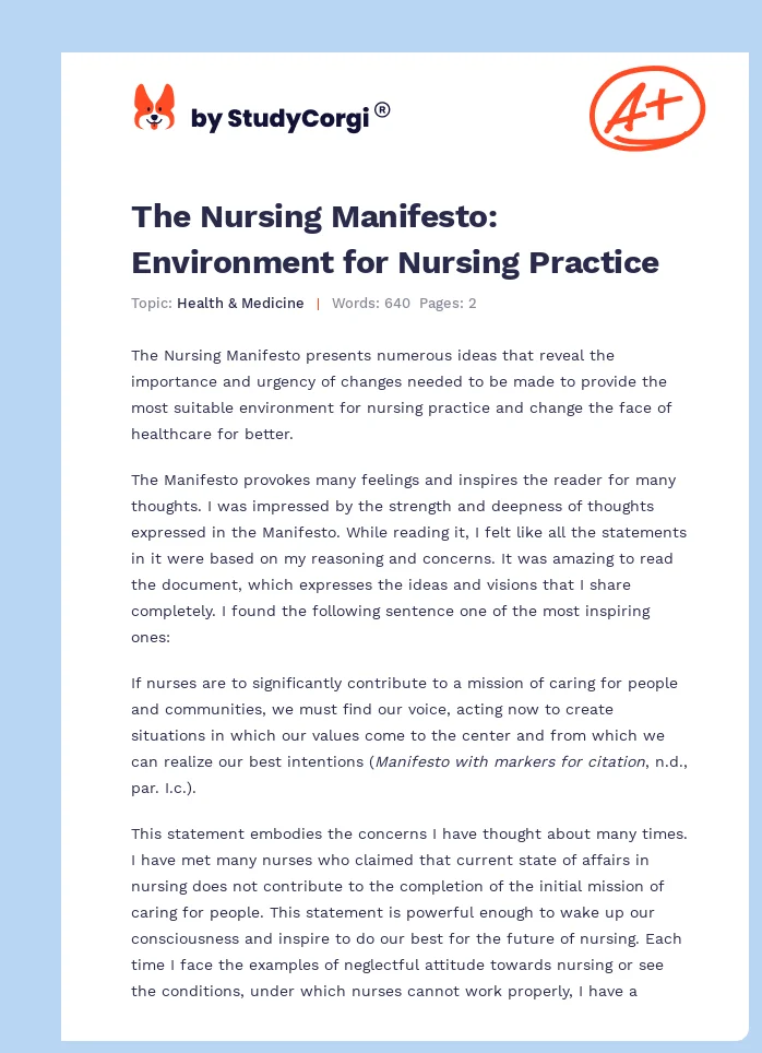 The Nursing Manifesto: Environment for Nursing Practice. Page 1