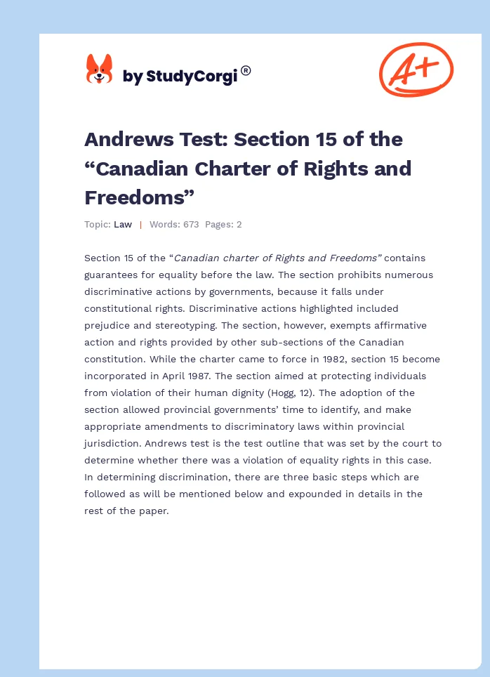 Andrews Test: Section 15 of the “Canadian Charter of Rights and Freedoms”. Page 1