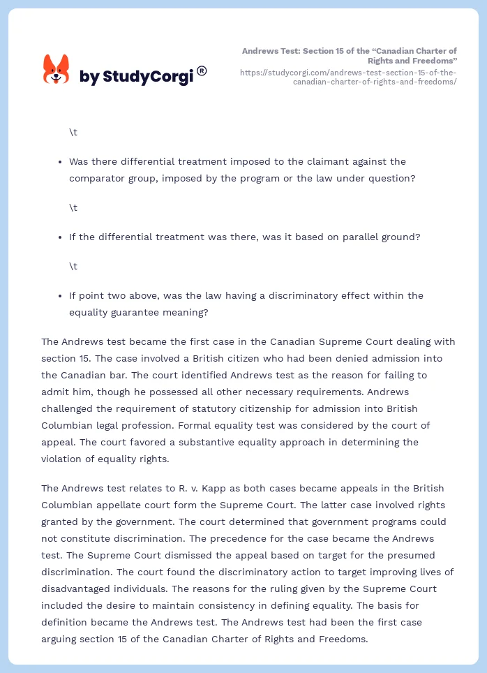Andrews Test: Section 15 of the “Canadian Charter of Rights and Freedoms”. Page 2
