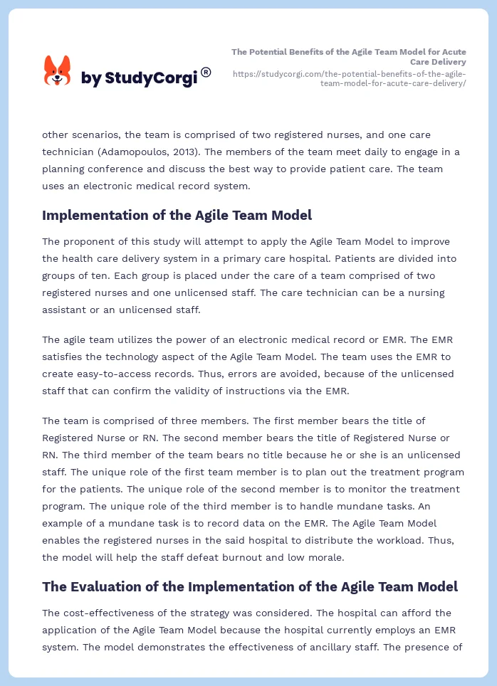 The Potential Benefits of the Agile Team Model for Acute Care Delivery. Page 2