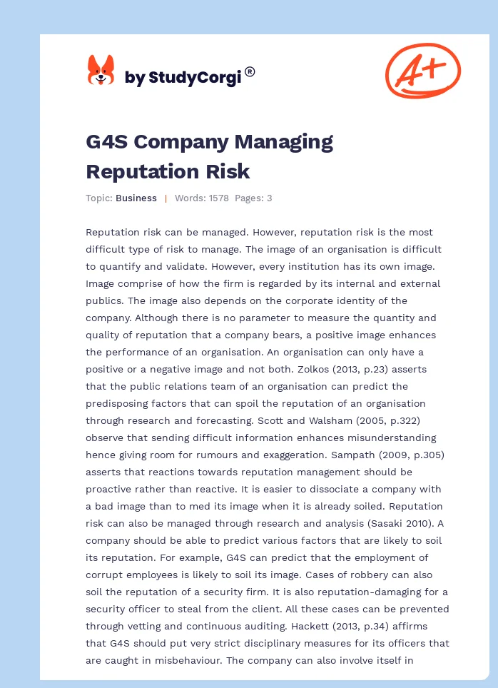 G4S Company Managing Reputation Risk. Page 1