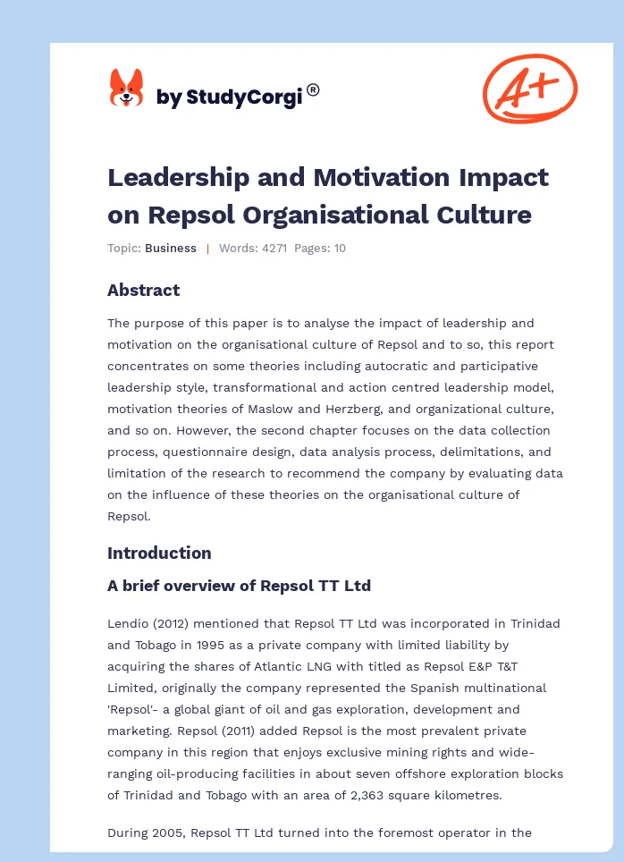 Leadership and Motivation Impact on Repsol Organisational Culture. Page 1