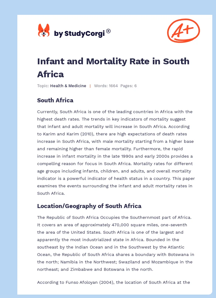 Infant and Mortality Rate in South Africa. Page 1