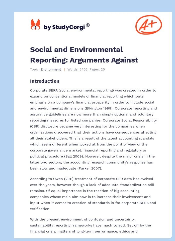 Social and Environmental Reporting: Arguments Against. Page 1