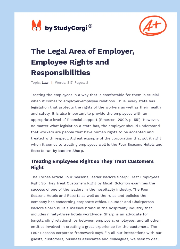 The Legal Area of Employer, Employee Rights and Responsibilities. Page 1
