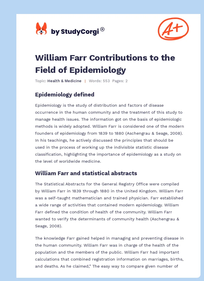William Farr Contributions to the Field of Epidemiology. Page 1