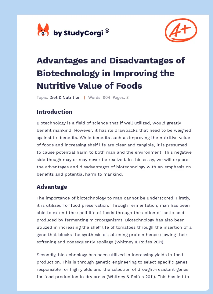 Advantages and Disadvantages of Biotechnology in Improving the Nutritive Value of Foods. Page 1
