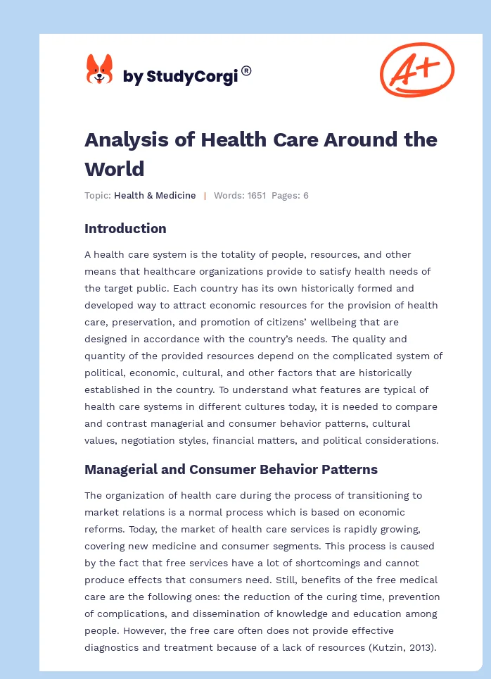 Analysis of Health Care Around the World. Page 1