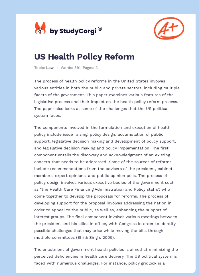 US Health Policy Reform. Page 1