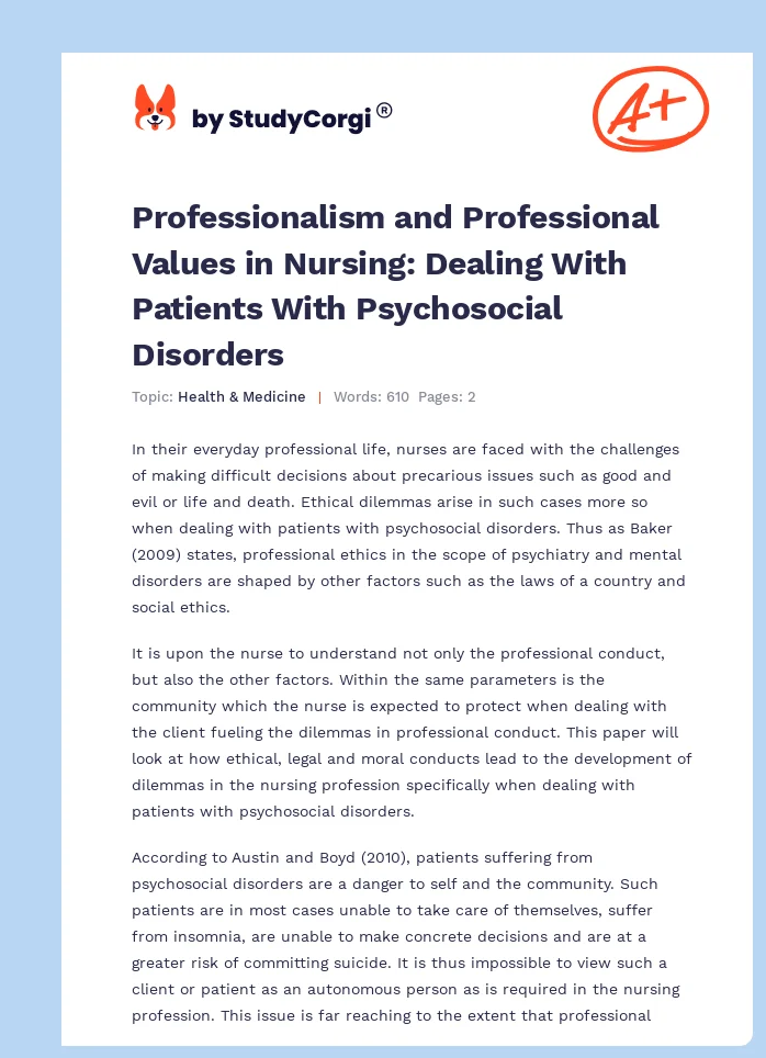 Professionalism and Professional Values in Nursing: Dealing With Patients With Psychosocial Disorders. Page 1