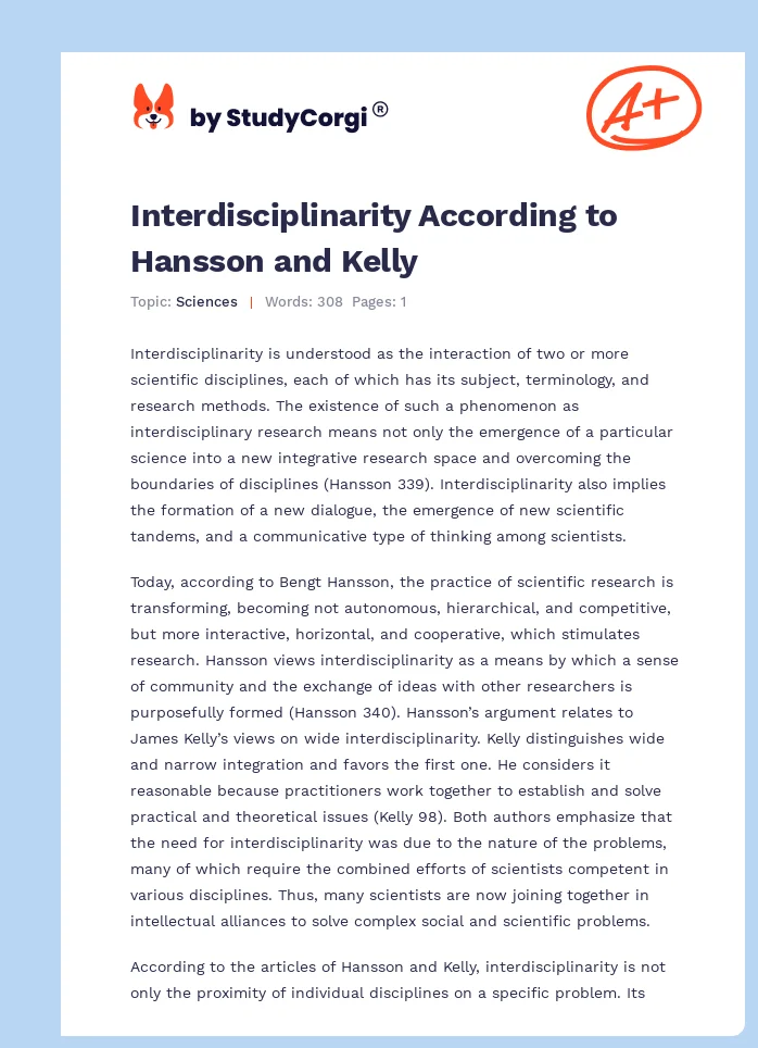 Interdisciplinarity According to Hansson and Kelly. Page 1
