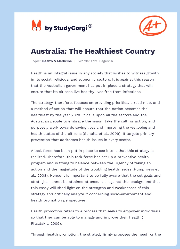Australia: The Healthiest Country. Page 1