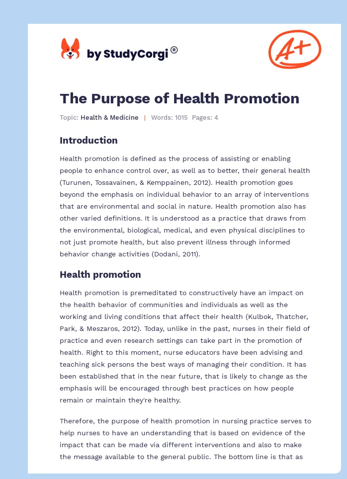 The Purpose of Health Promotion. Page 1