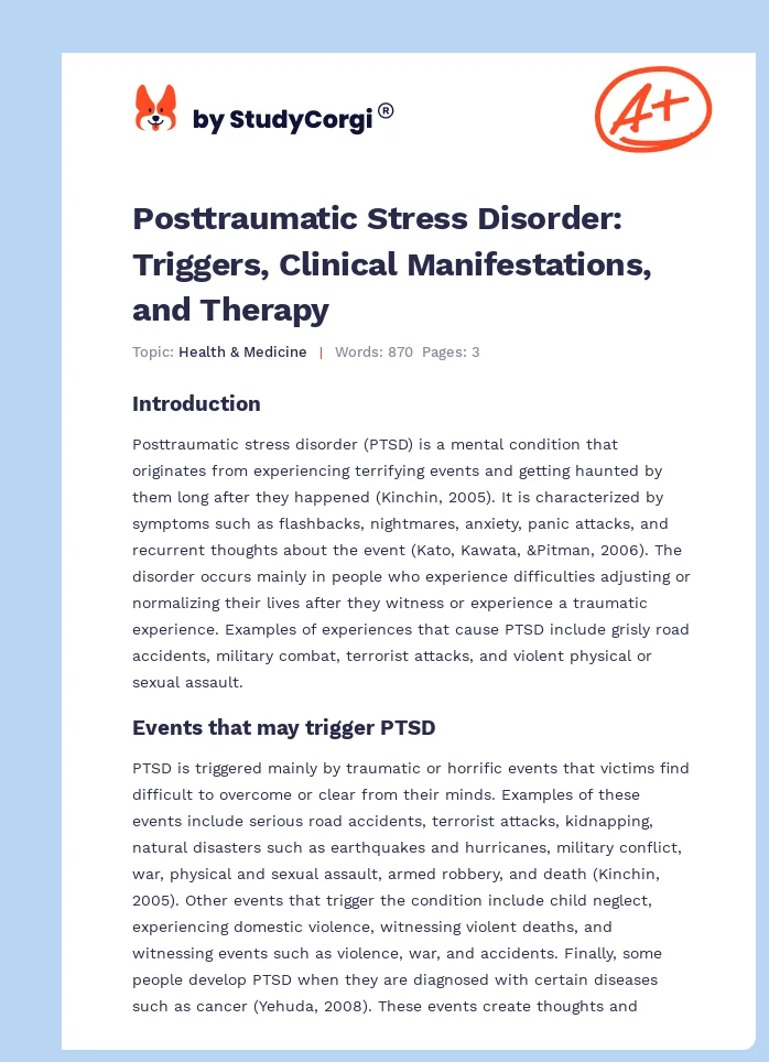 Posttraumatic Stress Disorder: Triggers, Clinical Manifestations, and Therapy. Page 1