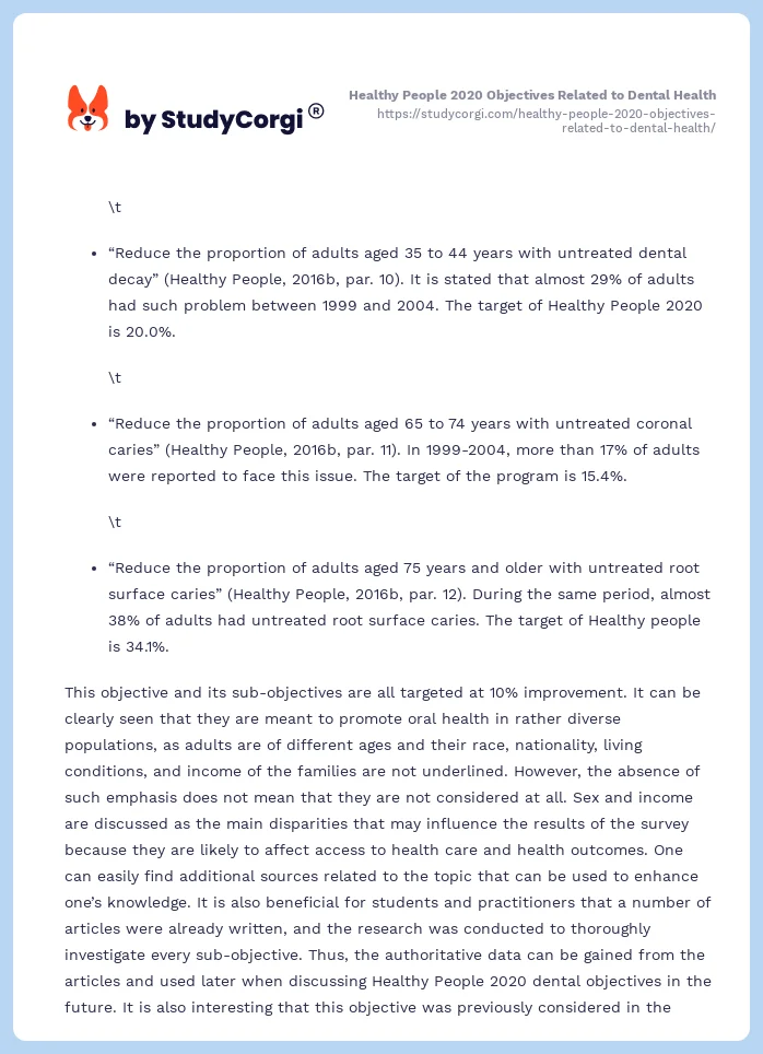 Healthy People 2020 Objectives Related to Dental Health. Page 2