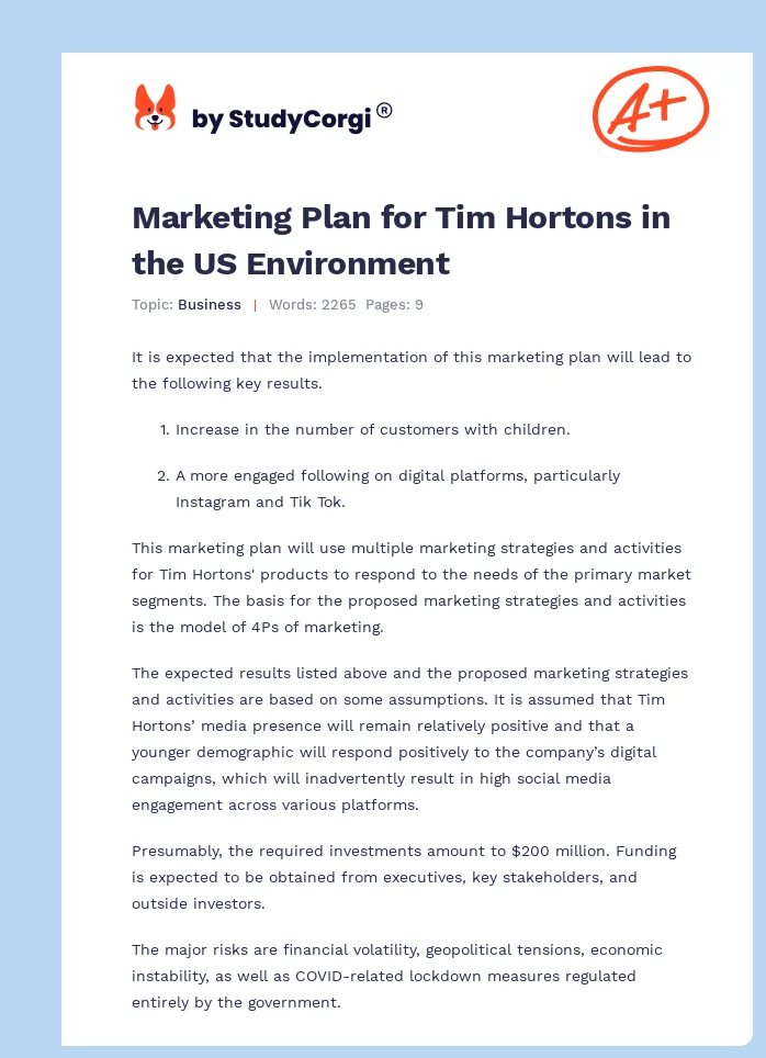 Marketing Plan for Tim Hortons in the US Environment. Page 1