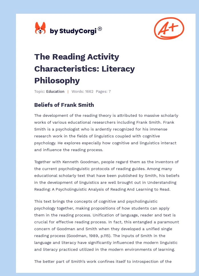 The Reading Activity Characteristics: Literacy Philosophy. Page 1