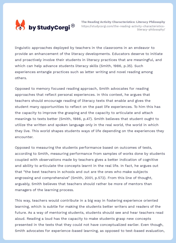 The Reading Activity Characteristics: Literacy Philosophy. Page 2