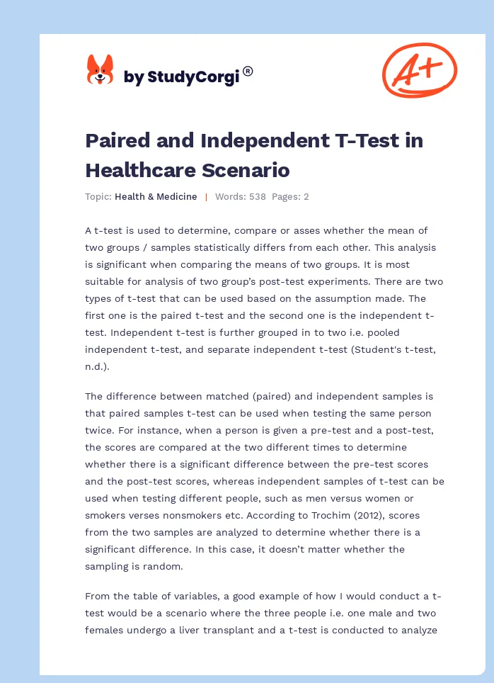 Paired and Independent T-Test in Healthcare Scenario. Page 1