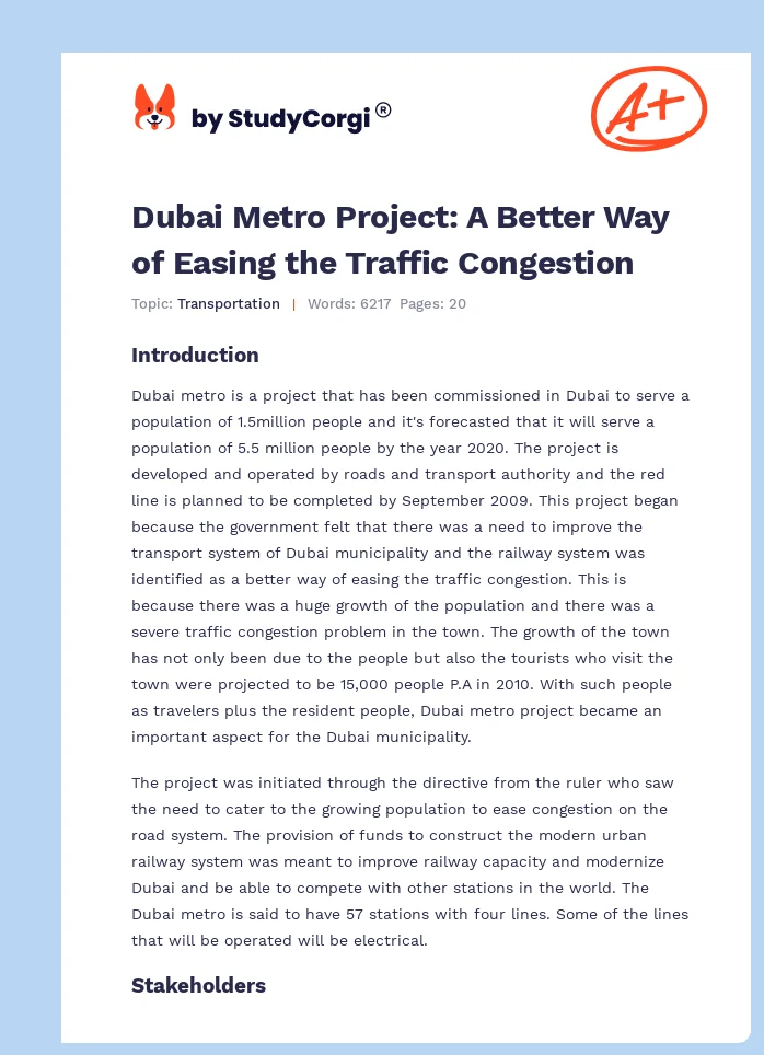 Dubai Metro Project: A Better Way of Easing the Traffic Congestion. Page 1