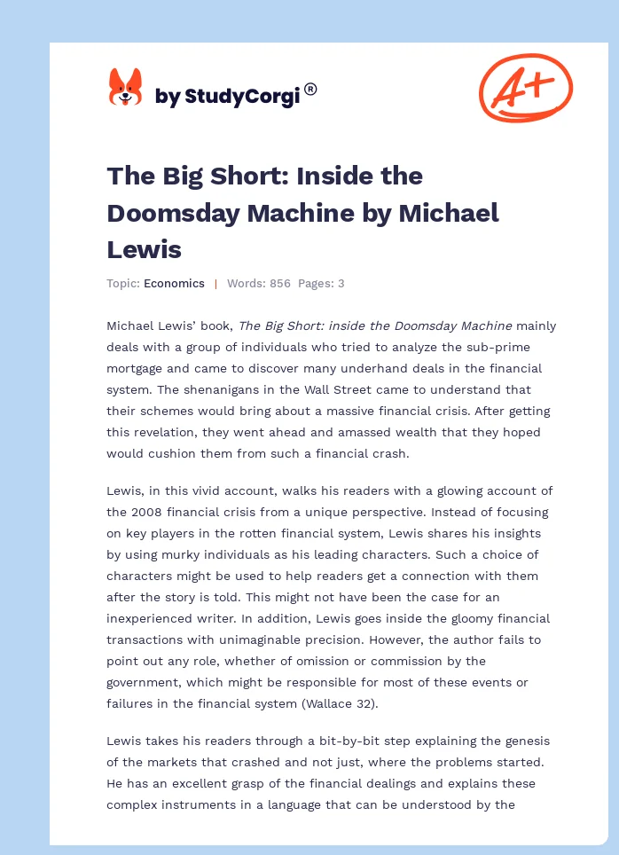 The Big Short: Inside the Doomsday Machine by Michael Lewis. Page 1