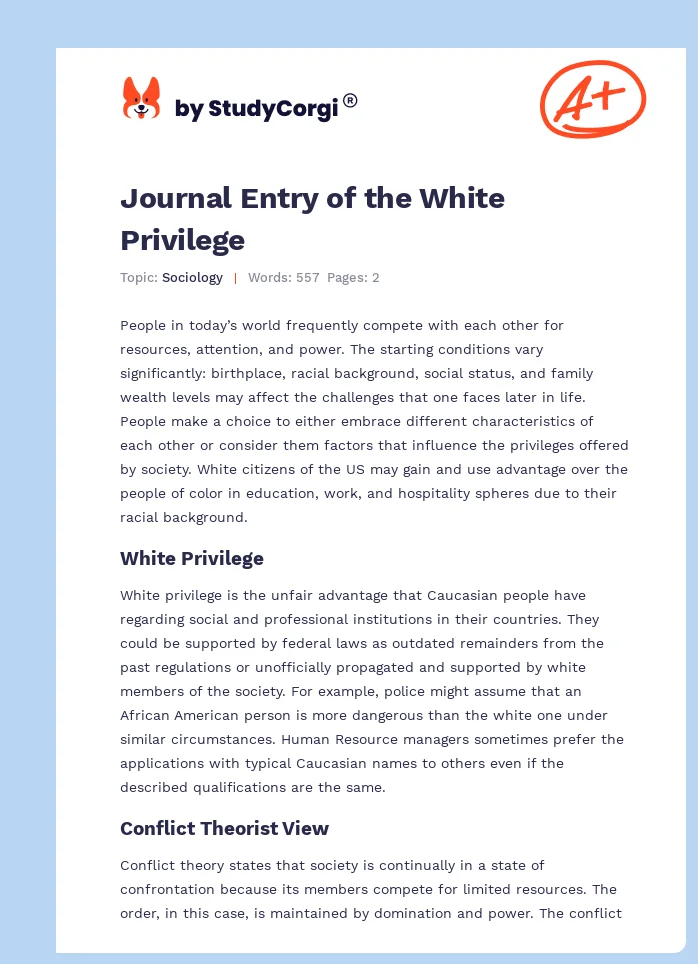Journal Entry of the White Privilege. Page 1
