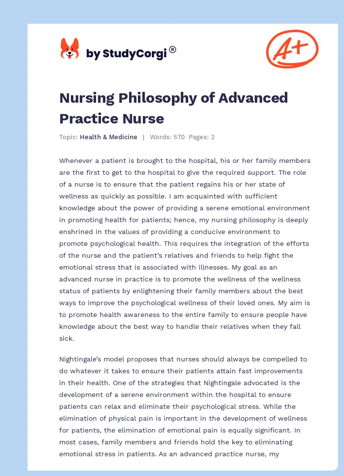 Nursing Philosophy of Advanced Practice Nurse. Page 1