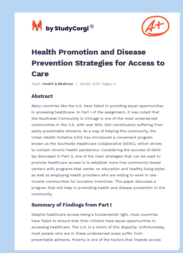 Health Promotion and Disease Prevention Strategies for Access to Care. Page 1