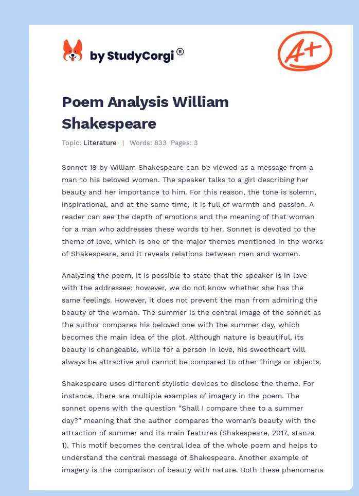Poem Analysis William Shakespeare. Page 1