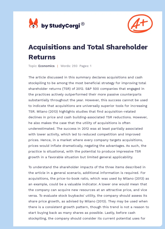 Acquisitions and Total Shareholder Returns. Page 1
