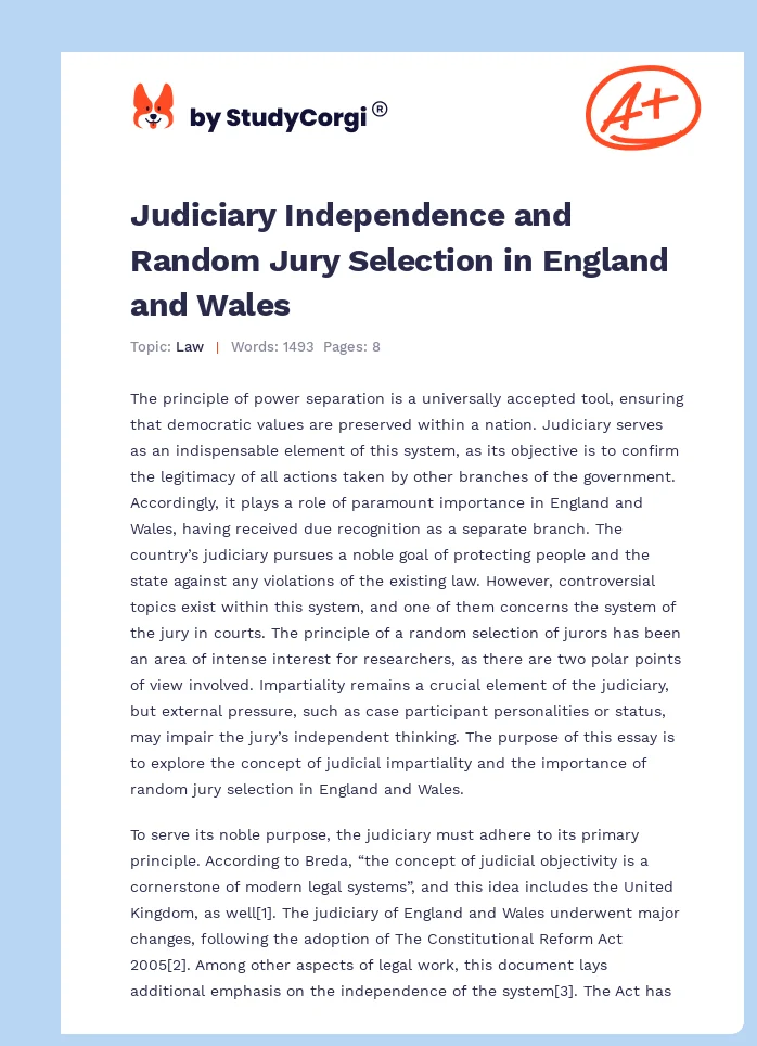Judiciary Independence and Random Jury Selection in England and Wales. Page 1