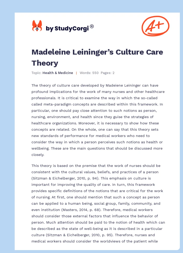 Madeleine Leininger’s Culture Care Theory. Page 1