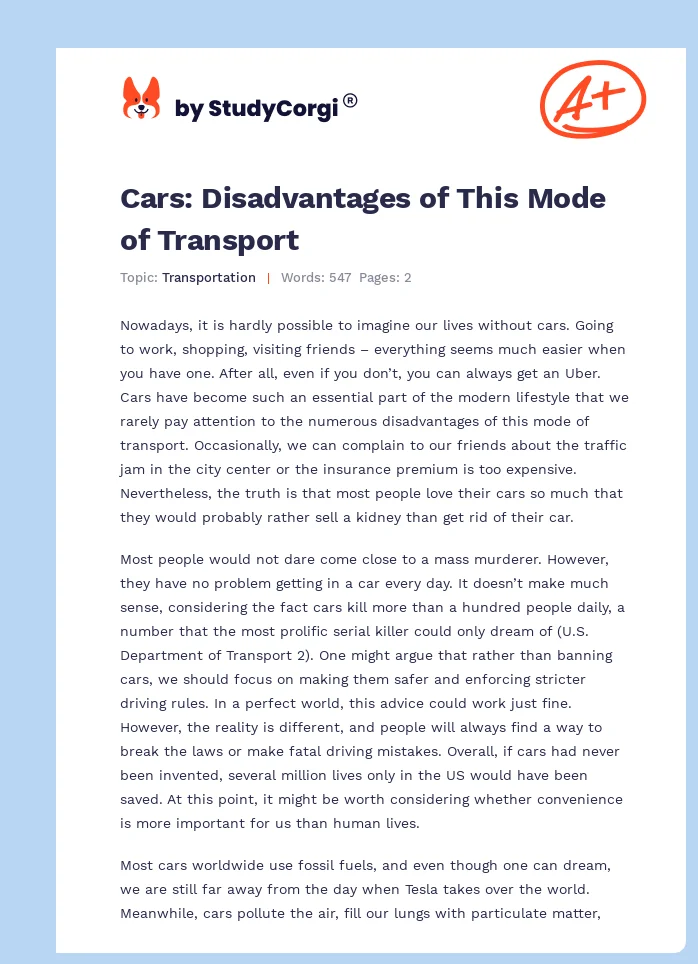 Cars: Disadvantages of This Mode of Transport. Page 1
